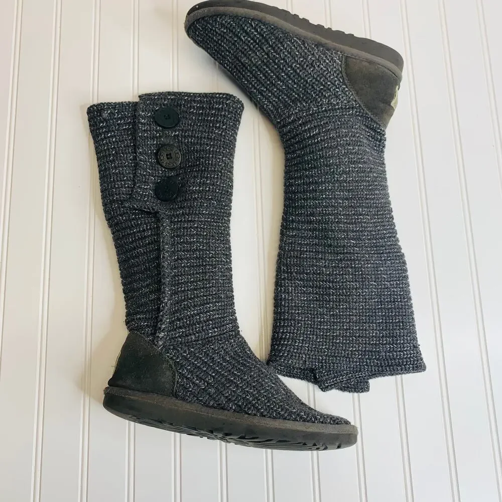 UGG Australia Sweater Tall Boots Classic Cardy Sz 7 Gray Marled